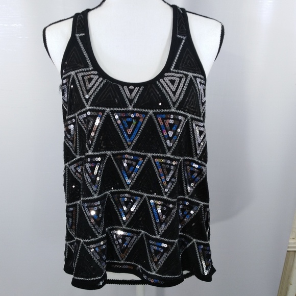 Almost Famous Sheer Sequin Tank Top Black Large - Picture 1 of 6